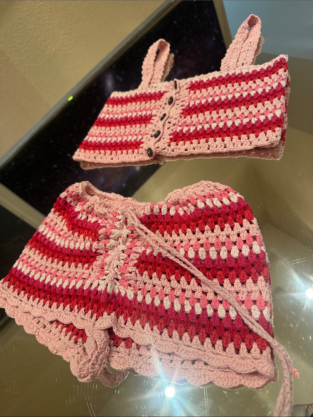 Andi Bagus Pink Crochet Crop Tank Short Set